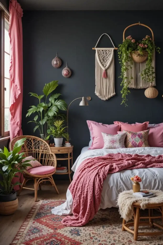 Boho chic bedroom with charcoal walls, pink accents, rattan furniture, and layered textiles