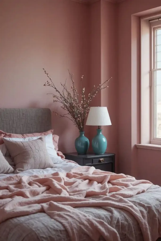 Dusty pink walls with teal decor bedroom