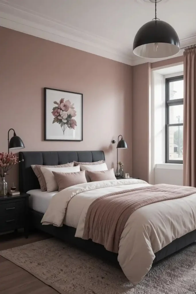 “Dusty rose walls with matte black furniture in a serene and sophisticated bedroom.”