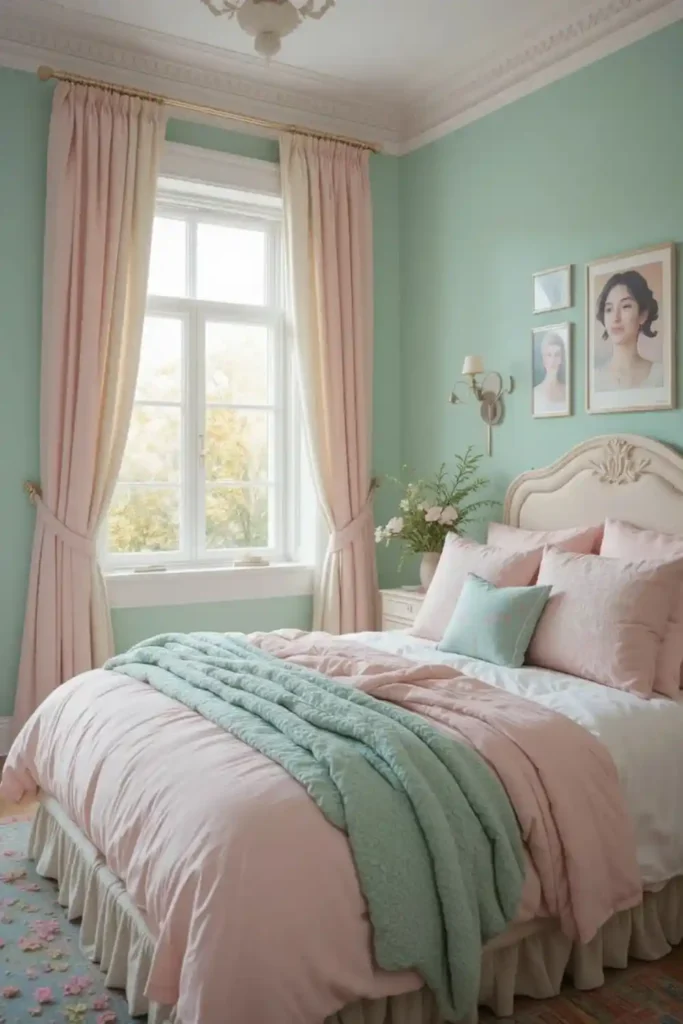 Emerald green and blush pink bedroom with gold accents.