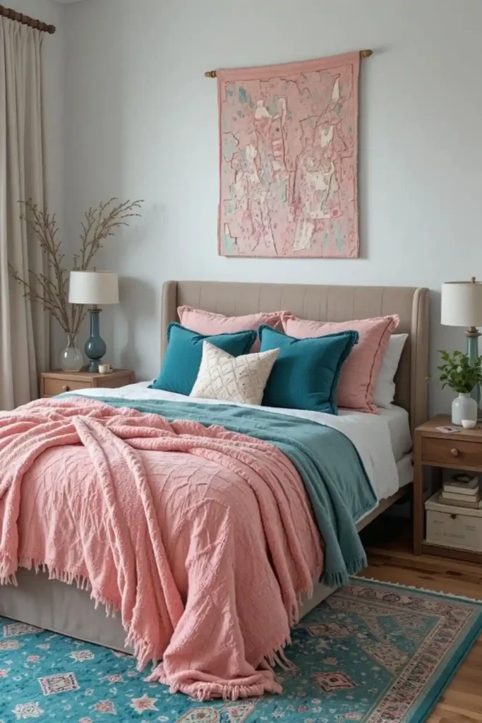 “Layered teal and pink bedroom with textured textiles
