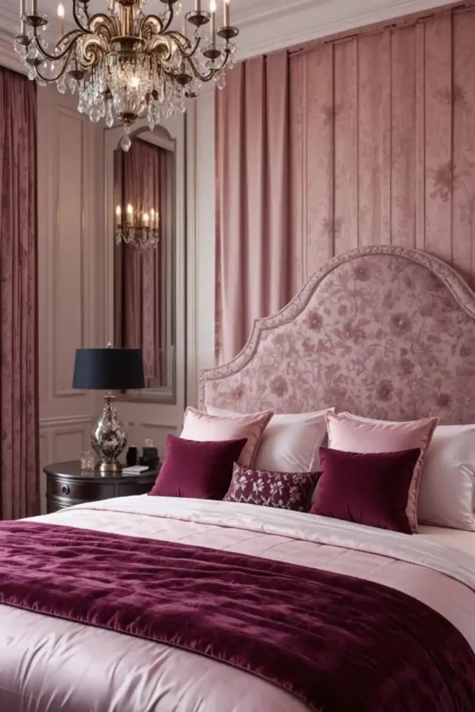 Luxurious bedroom featuring layered pink and burgundy fabrics with black accents and chandelier