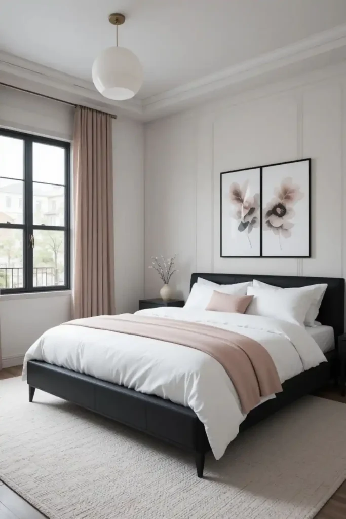 Minimalist bedroom with blush accents, black furniture, and white bedding for a calm modern look.