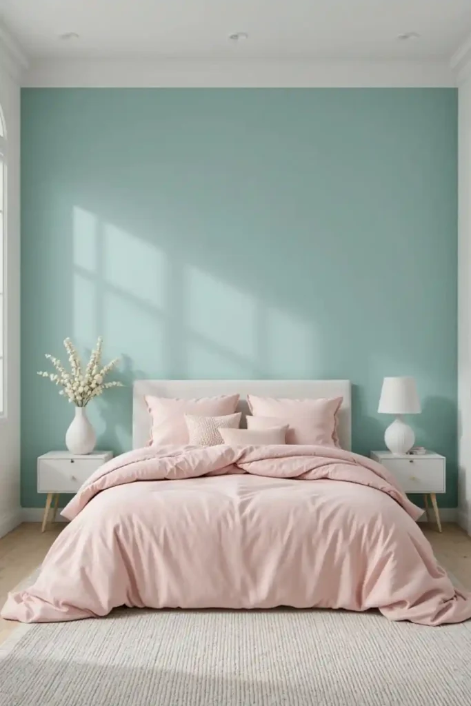 “Minimalist teal and pink bedroom with clean design”