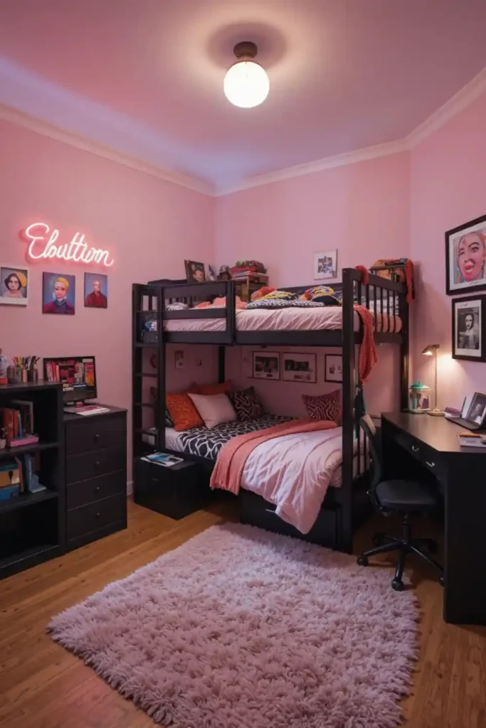 Modern teen bedroom with pink walls, black furniture, neon sign, and cozy decor