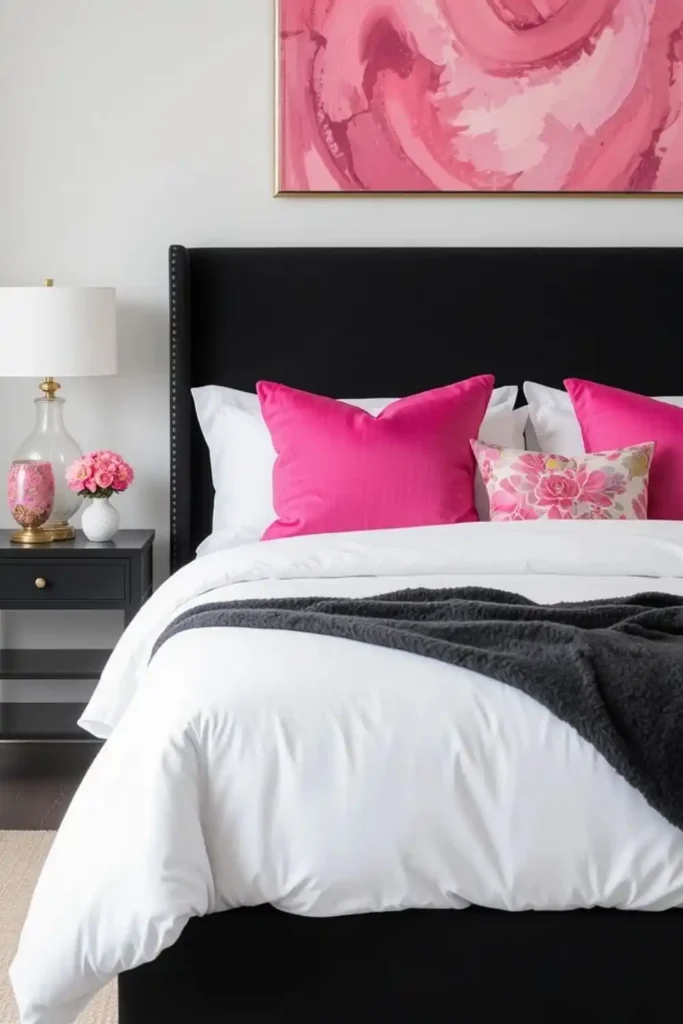 Monochrome bedroom with black and white base and pink accents including pillows and artwork.