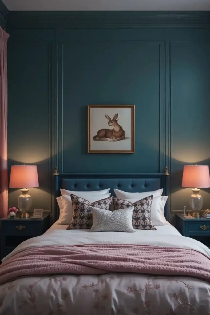 Moody teal bedroom with muted pink lighting