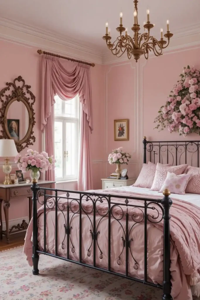 Romantic French-inspired bedroom with blush walls, black wrought-iron bed, and layered pink textiles.