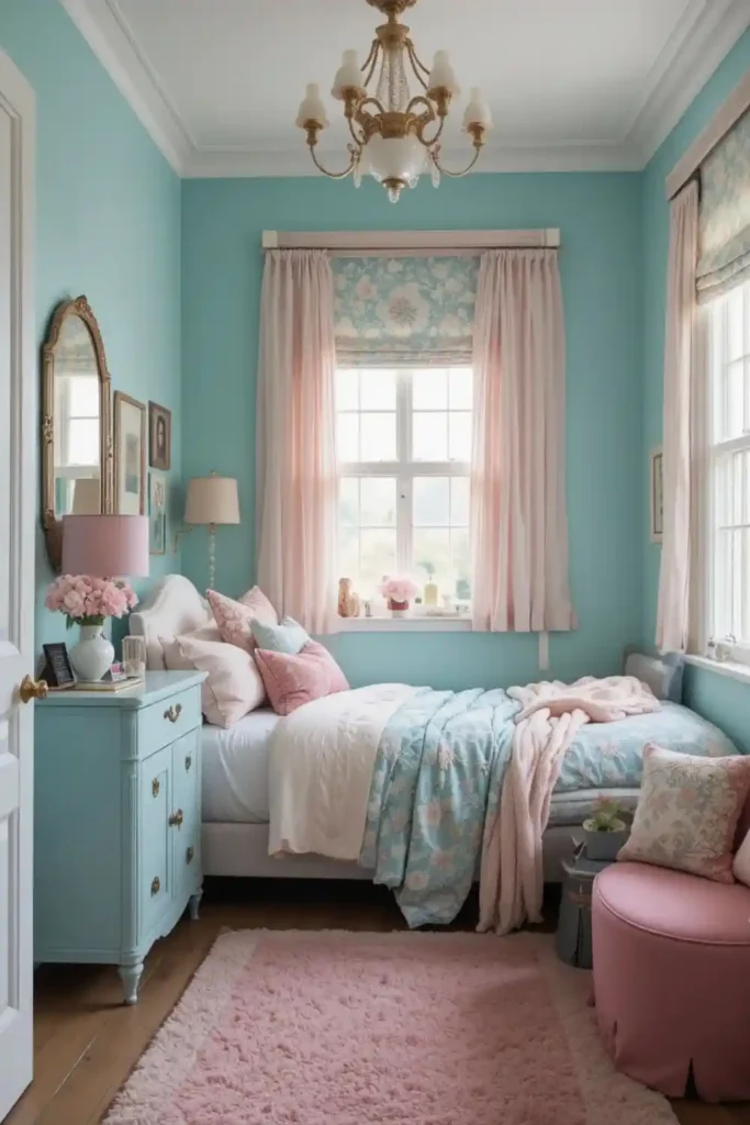 Small teal and pink bedroom with light accents