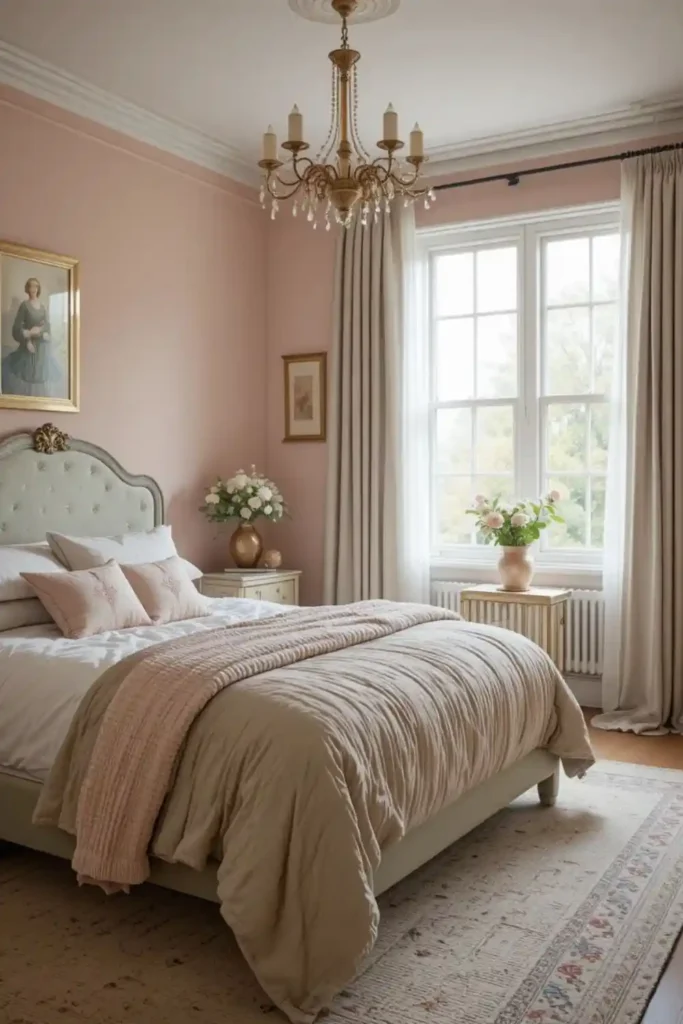 Soft rose and sage green bedroom with cozy fabrics.”