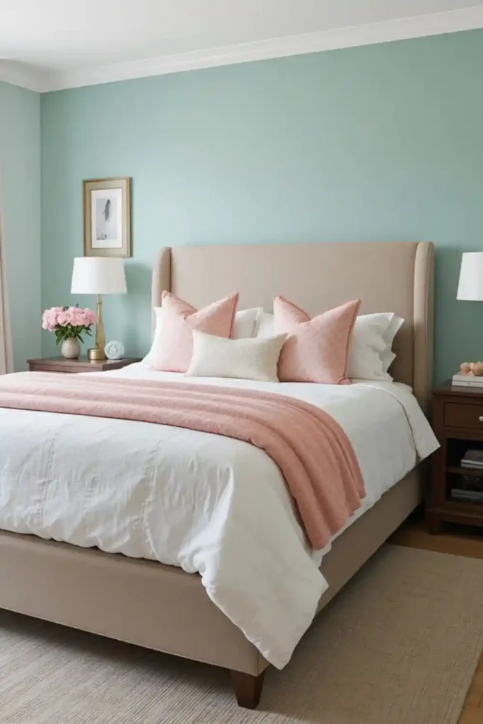 Soft teal bedroom with blush pink accents and neutral bed