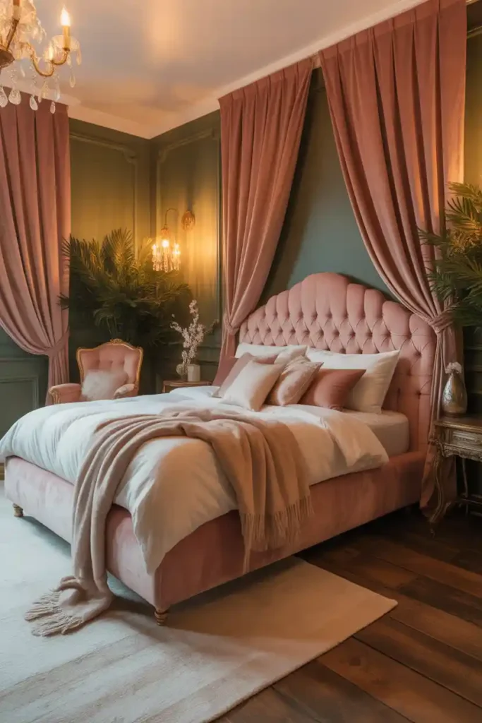 Pink velvet bedroom with olive green accents.