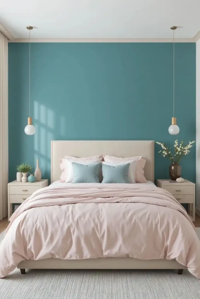 Teal accent wall bedroom with light pink bedding
