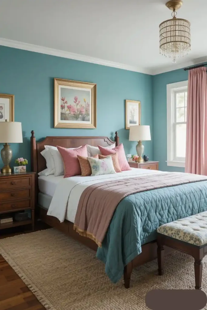 Teal and pink bedroom with warm wood furniture