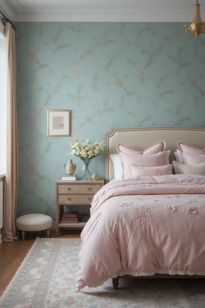 Teal wallpaper bedroom with soft pink bedding