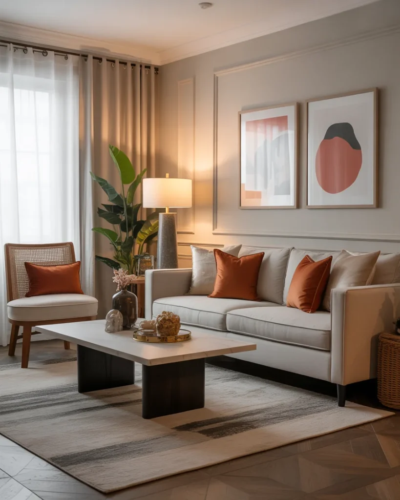 Stylish living room with plush sofa, modern décor, and soft lighting