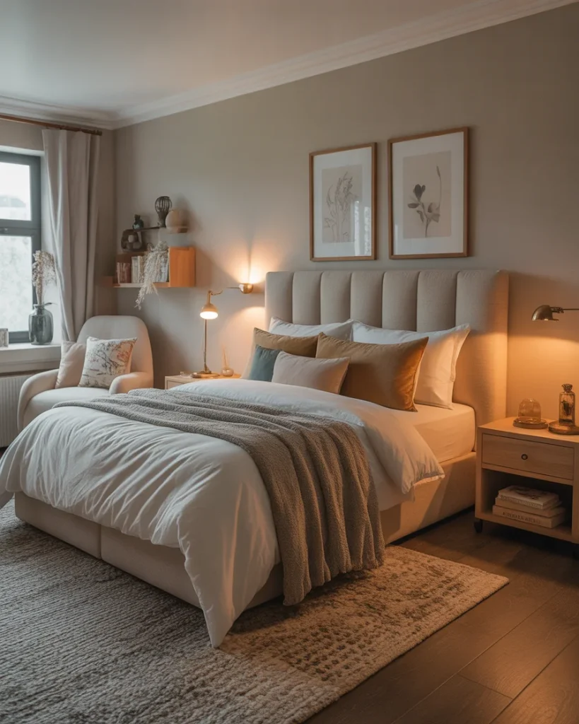 Cozy bedroom with plush bed, soft bedding, and warm lighting