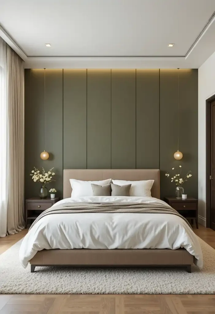 Bedroom with olive green wall panels behind bed, modern design