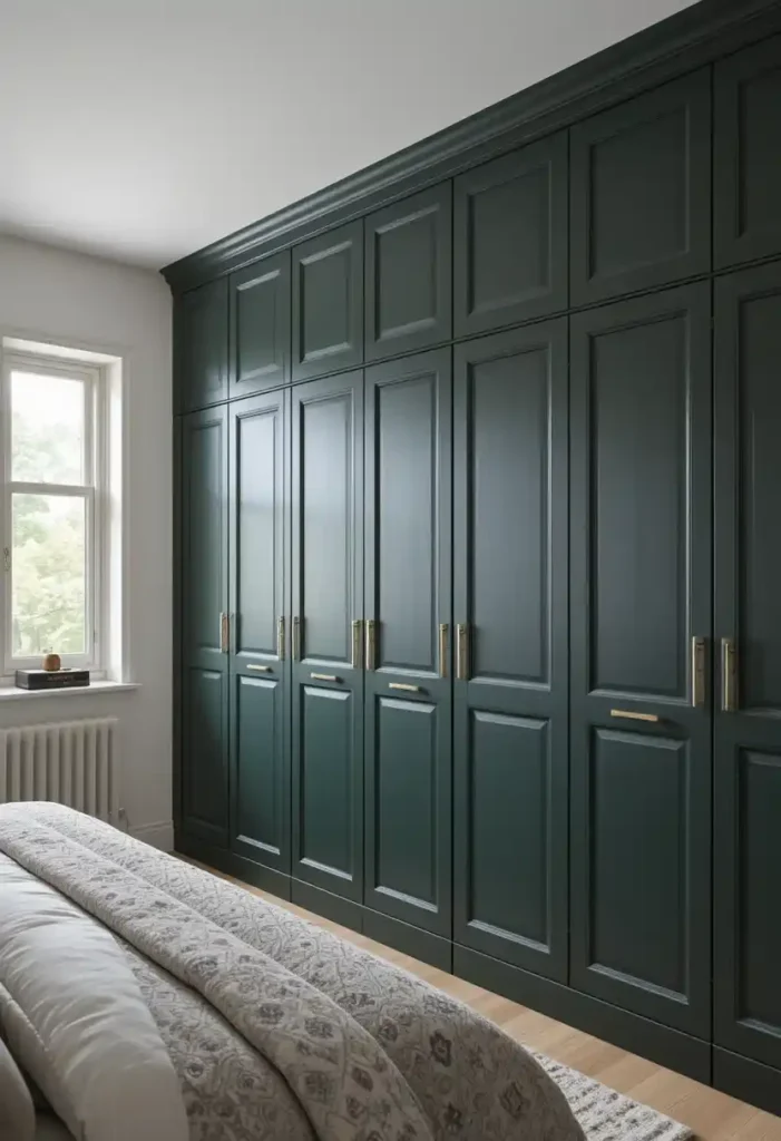 Dark green built-in wardrobes with modern handles and soft lighting
