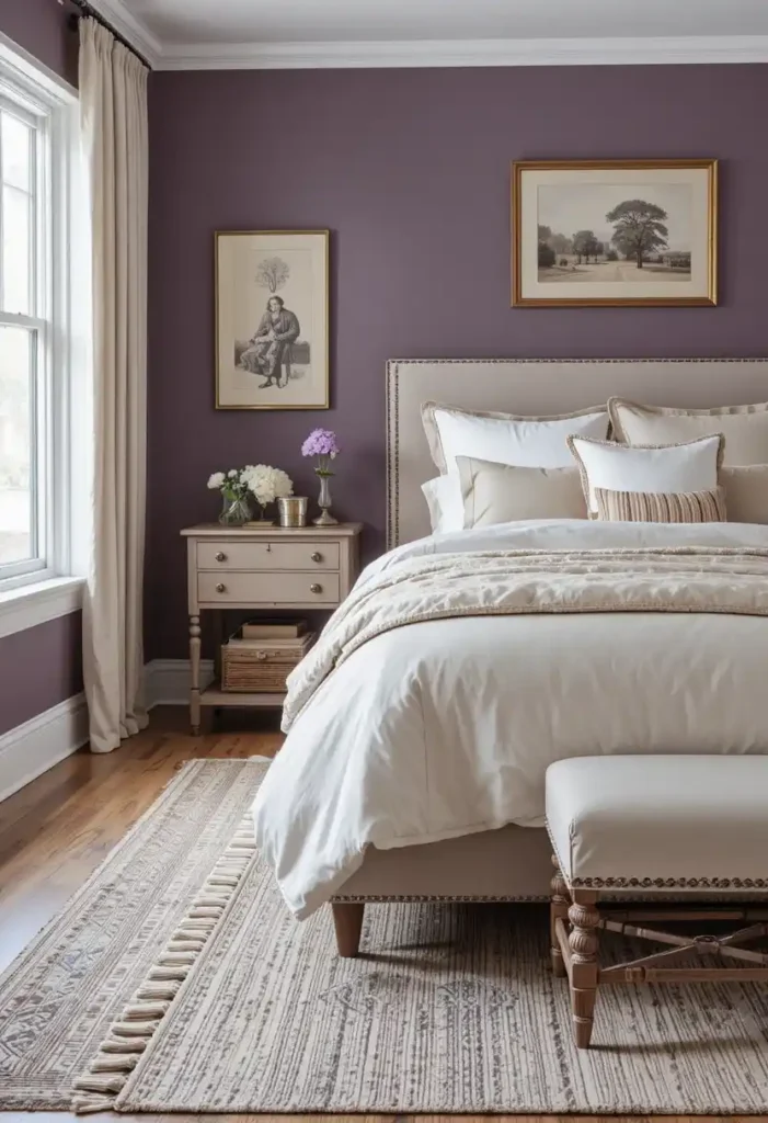 Purple bedroom balanced with neutral layers