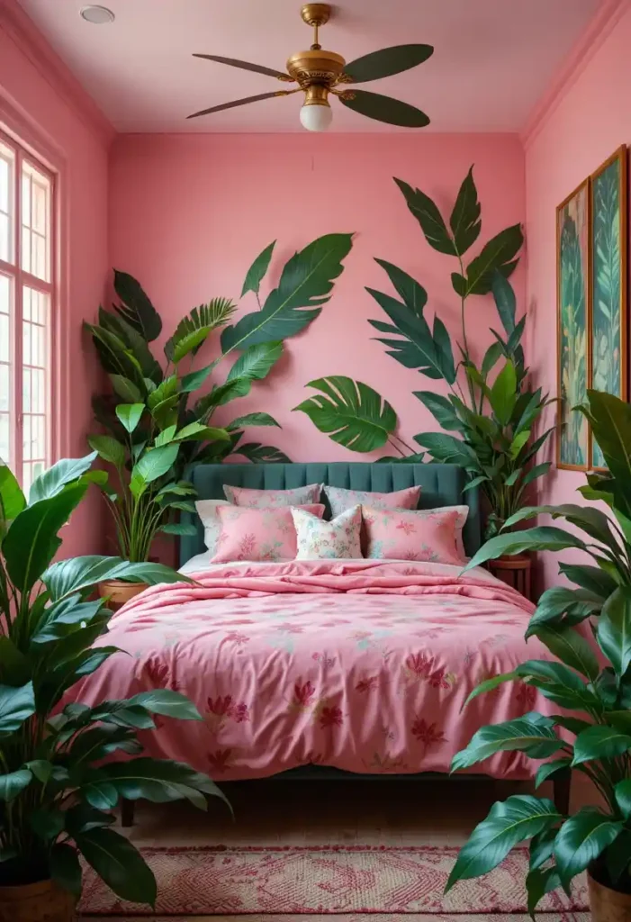 Tropical pink and leafy green bedroom with plants.”