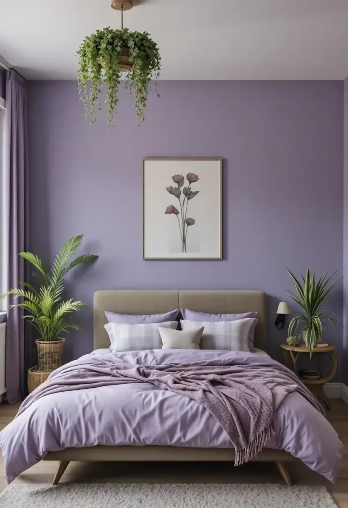 Purple and green bedroom with plants