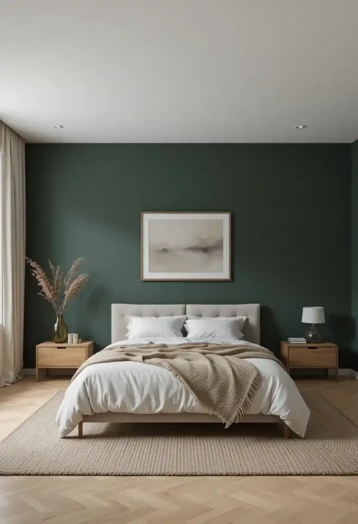 Minimalist bedroom with dark green wall and beige furniture, natural textures