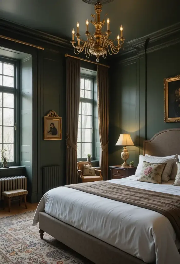 Brass bedside lamp against a dark green bedroom wall, warm cozy lighting