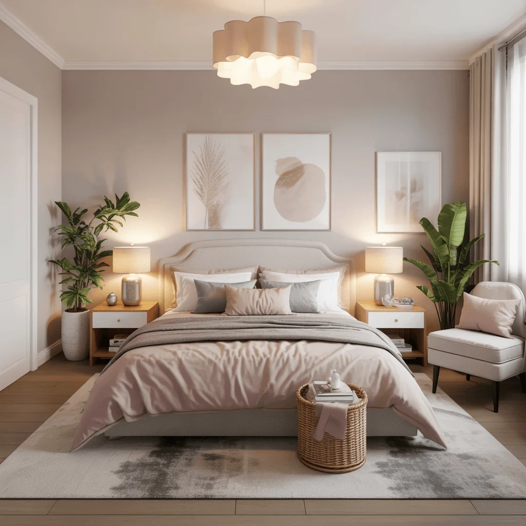 Cozy bedroom with soft bedding, stylish décor, and calming colors.