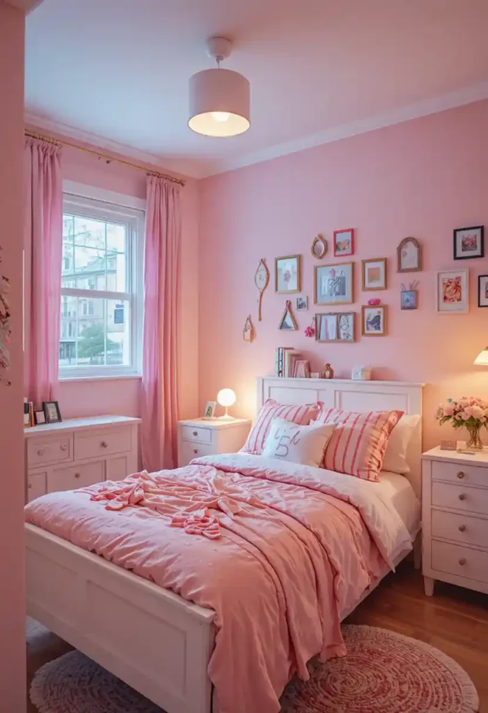 Pink and white teen bedroom with playful decor