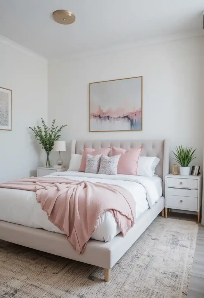 Modern pink and white chic bedroom with clean lines