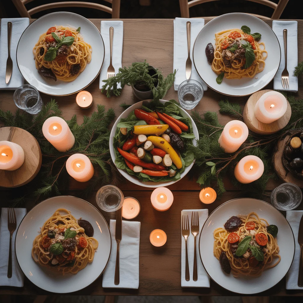 Dinner table set with various delicious dishes including pasta, vegetables, and salad.