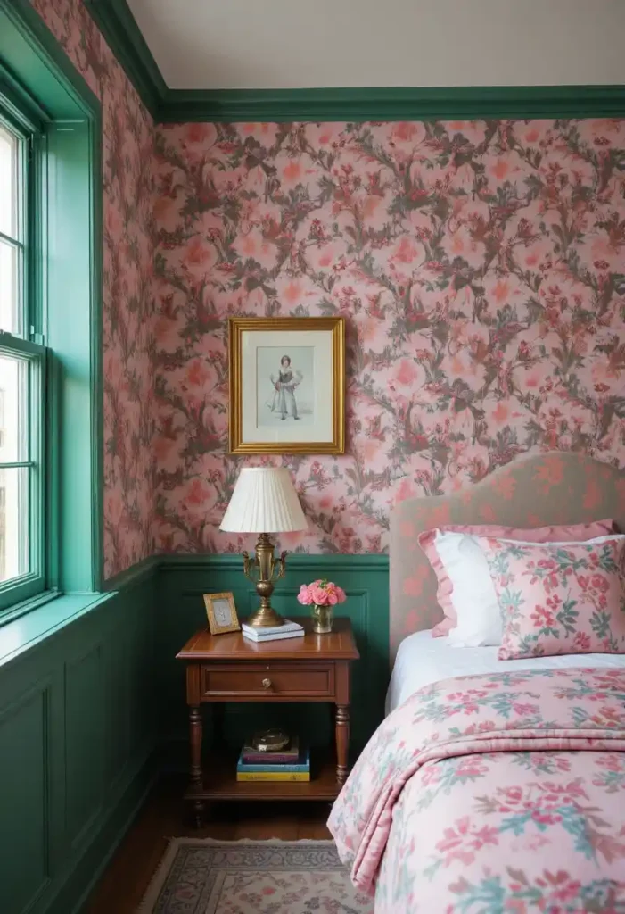 Pink Floral Patterns with Green Walls bedroom