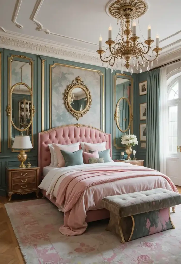 Luxurious Pink and Green Velvet Touch bedroom