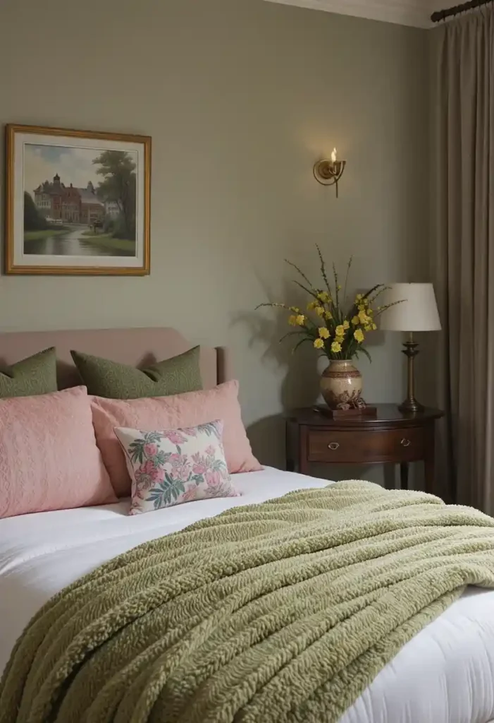 Cozy Pink and Moss Green Retreat bedroom