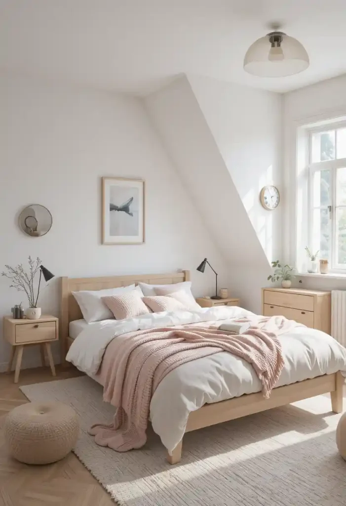 Scandinavian pink and white bedroom with minimalist design