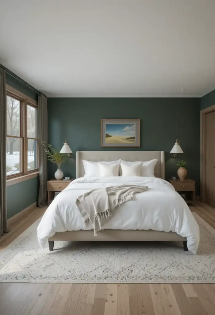 Bedroom featuring dark green walls and crisp white bedding, clean style