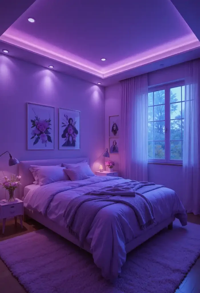 Purple bedroom with warm lighting
