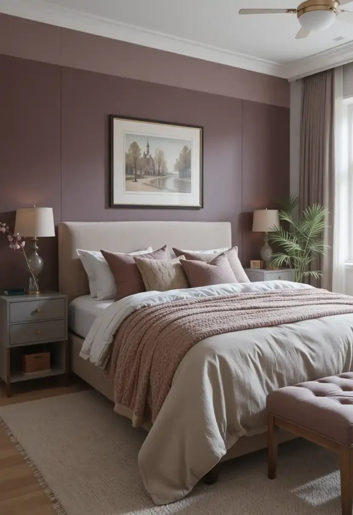 Mauve and greige bedroom color palette