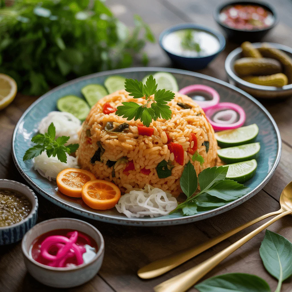 A vibrant rice dish beautifully plated with garnishes and side dishes.