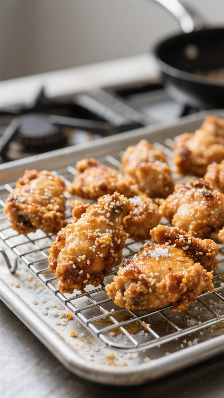 Close-up detail: Crispy sesame chicken pieces just out of the pan resting on a wire rack over a shee