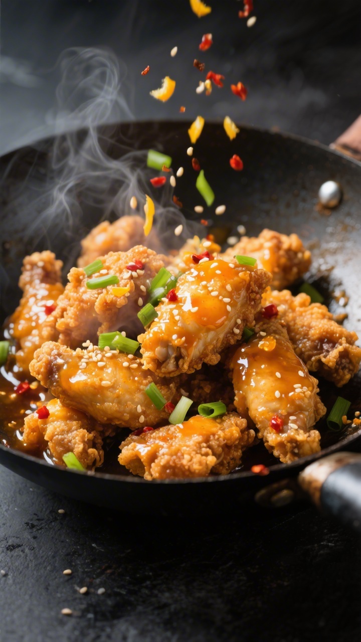Close-up detail: Extra-crispy orange chicken just after the optional double-fry, golden and craggy c