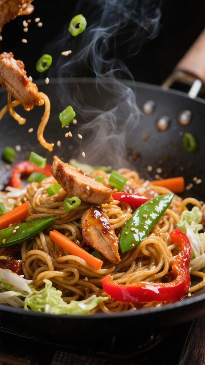 Close-up detail: Glossy chicken lo mein mid-toss in a sizzling wok, showing bouncy egg noodles coate