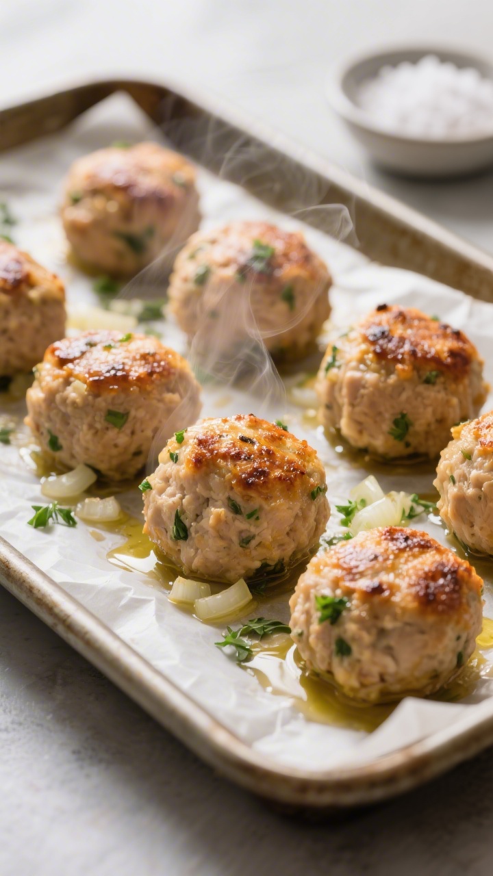 Close-up detail: Juicy oven-baked chicken meatballs just out of the oven on a parchment-lined sheet