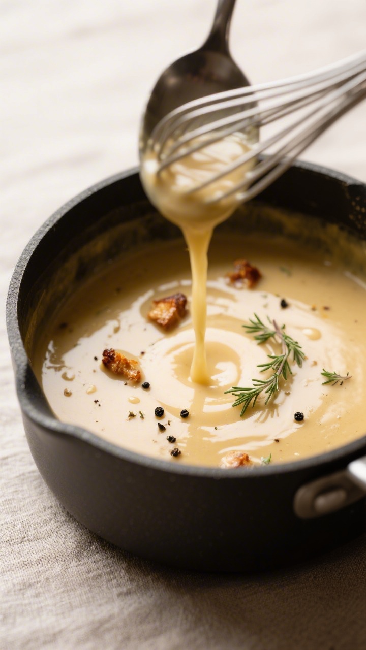 Close-up detail shot: Silky chicken gravy being whisked in a saucepan during the roux stage, showing