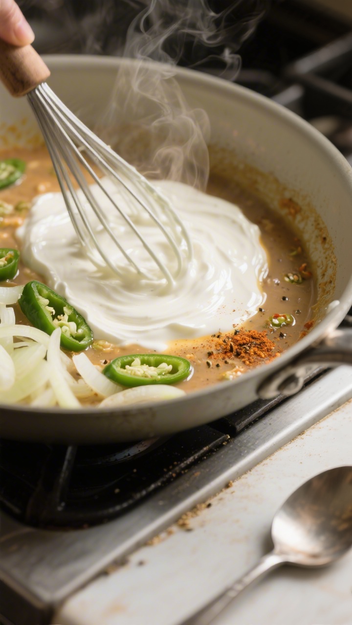 Cooking process close-up: A skillet scene showing the silky sour cream–green chile sauce being whi