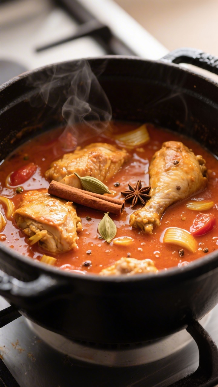 Cooking process close-up: Chicken curry simmering in a wide, black Dutch oven, showing tender, opaqu
