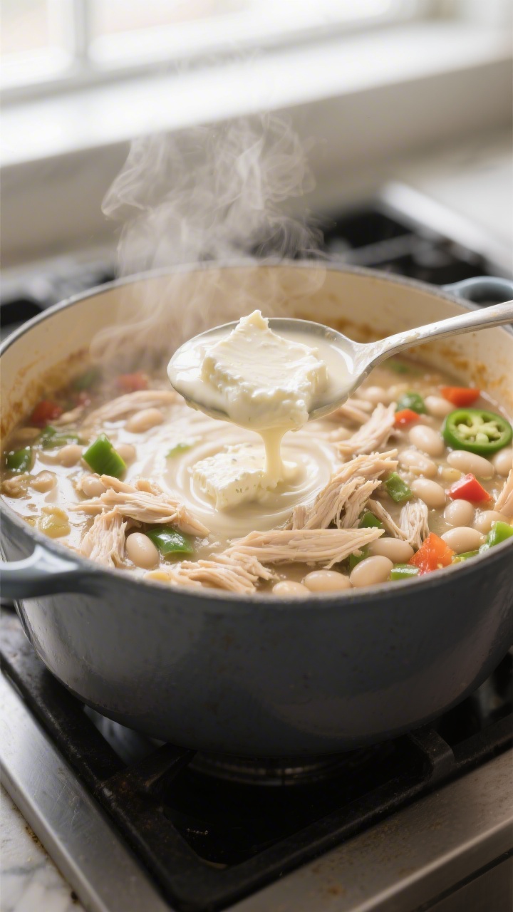Cooking process, close-up detail: A steaming Dutch oven of white chicken chili mid-simmer, creamy br