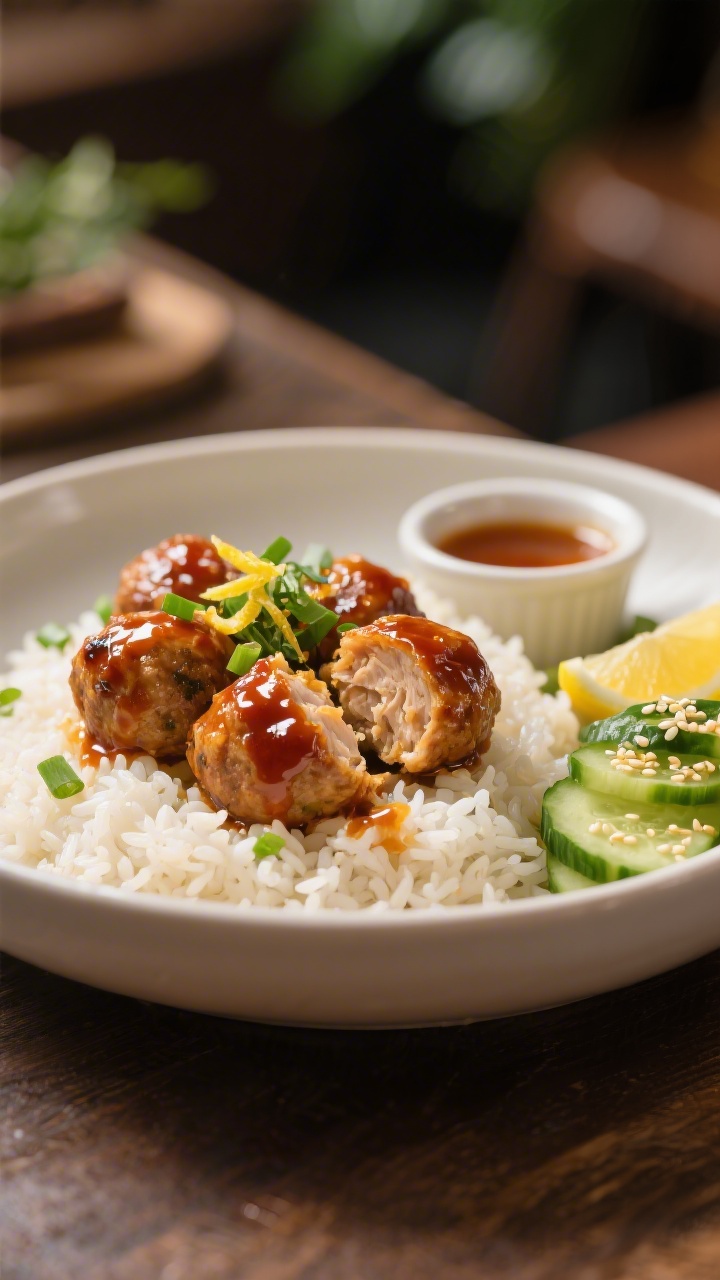 Final dish presentation: Plated chicken meatballs glazed with a glossy honey–hot sauce, served ove