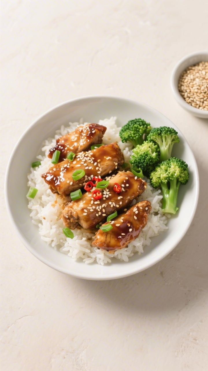 Final dish, tasty top view: Overhead shot of sesame chicken plated over steamed jasmine rice in a wi